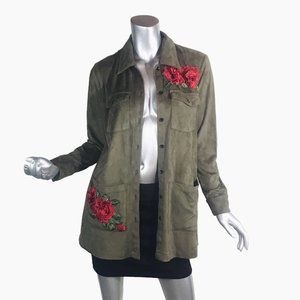 Joh Women's Small Faux Suede Button Front Shacket Shirt Jacket Brown Embroidery